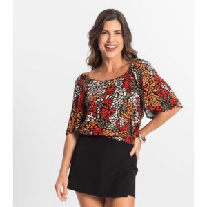 Blusa Feminina Manga Curta Laranja Ombro Francês