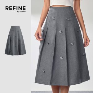 Saia Plissada Elegante com Apliques de Botões