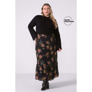 Saia Midi Floral Babado Preto Viscose