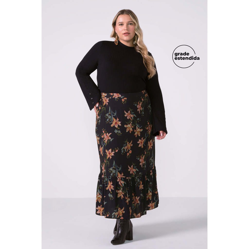 Saia Midi Floral Babado Preto Viscose 1 Saia Midi Floral Babado Preto Viscose
