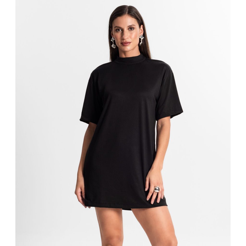 Vestido Curto Preto Malha Gola Alta 1 Vestido Curto Preto Malha Gola Alta