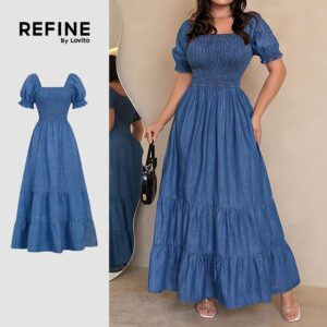 Vestido Elegante Camadas Franzidas Azul Feminino