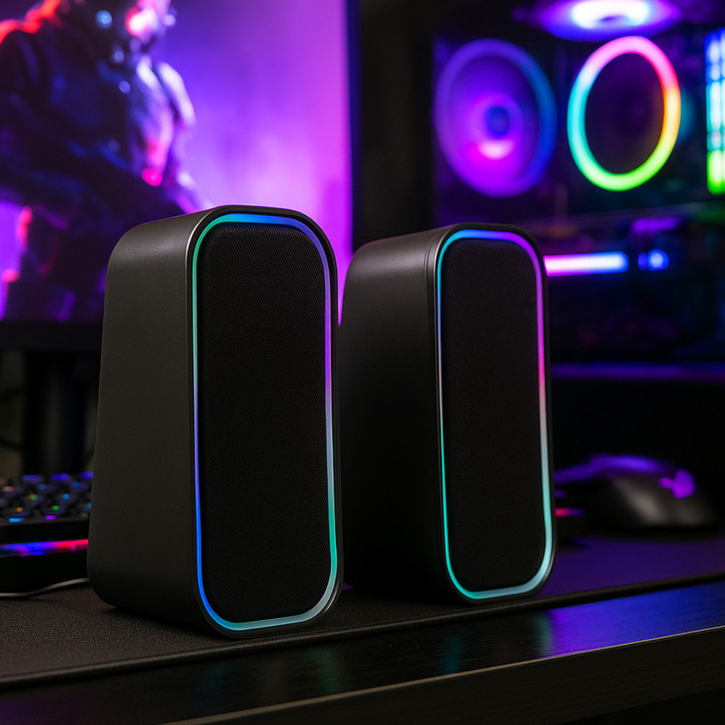 Mini Caixa de Som RGB para PC - 6W RMS, P2 & 1 Caixa de Som RGB para Computador 6W RMS com Entrada P2 e USB e Controle de Volume