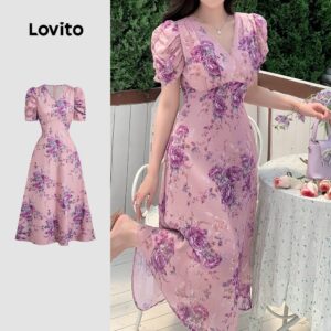 Vestido Estruturado Elegante Floral Cinza e Roxo