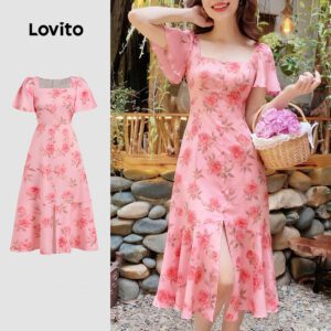 Vestido Elegante Babados Floral Rosa