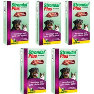 Kit 5 Strondal Plus Carne Vermífugo 4 Comprimidos Cães/Gatos