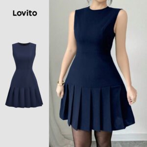 Vestido Plissado Casual Azul Marinho Feminino