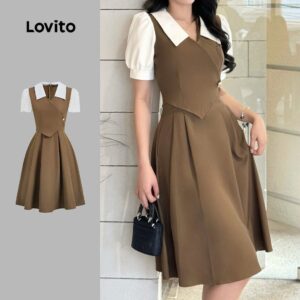 Vestido Elegante Colorblock Marrom Primavera/Verão