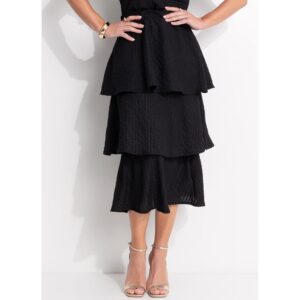Saia Canelada Preta Texturizada Midi