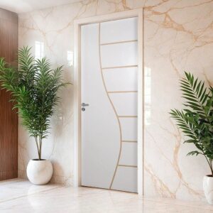 Porta Madeira Decorada 215cm Branco Abertura Direita
