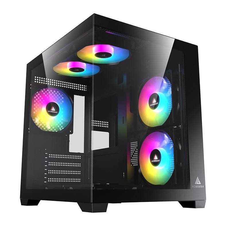 Gabinete Gamer Acegeek Neptune Mid-Tower com painel lateral de vidro temperado e iluminação RGB, exibindo componentes internos de alta performance e organização de cabos.