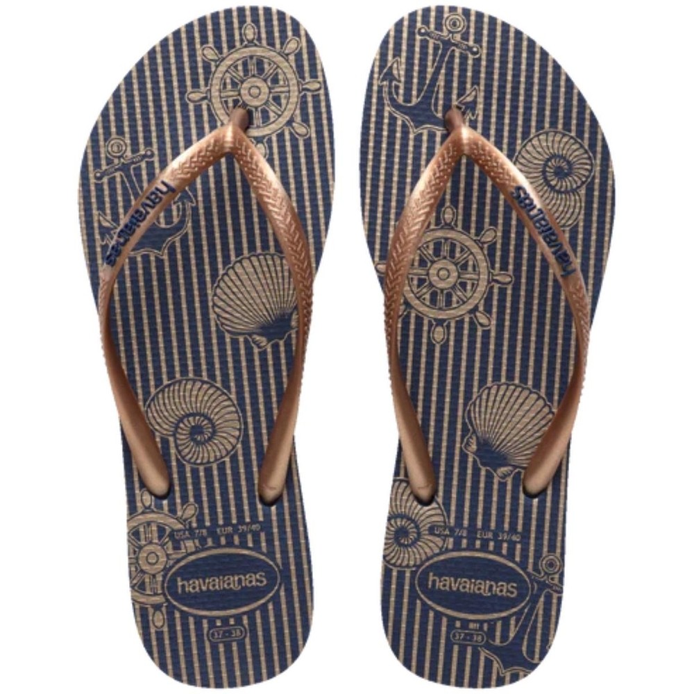 Chinelo Havaianas Slim Nautical Feminino Azul Dourado 1 Chinelo Havaianas Slim Nautical Feminino - Azul e Dourado