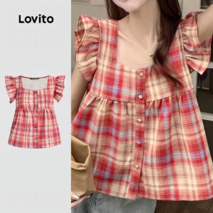 Blusa Xadrez Babados Vermelha Casual