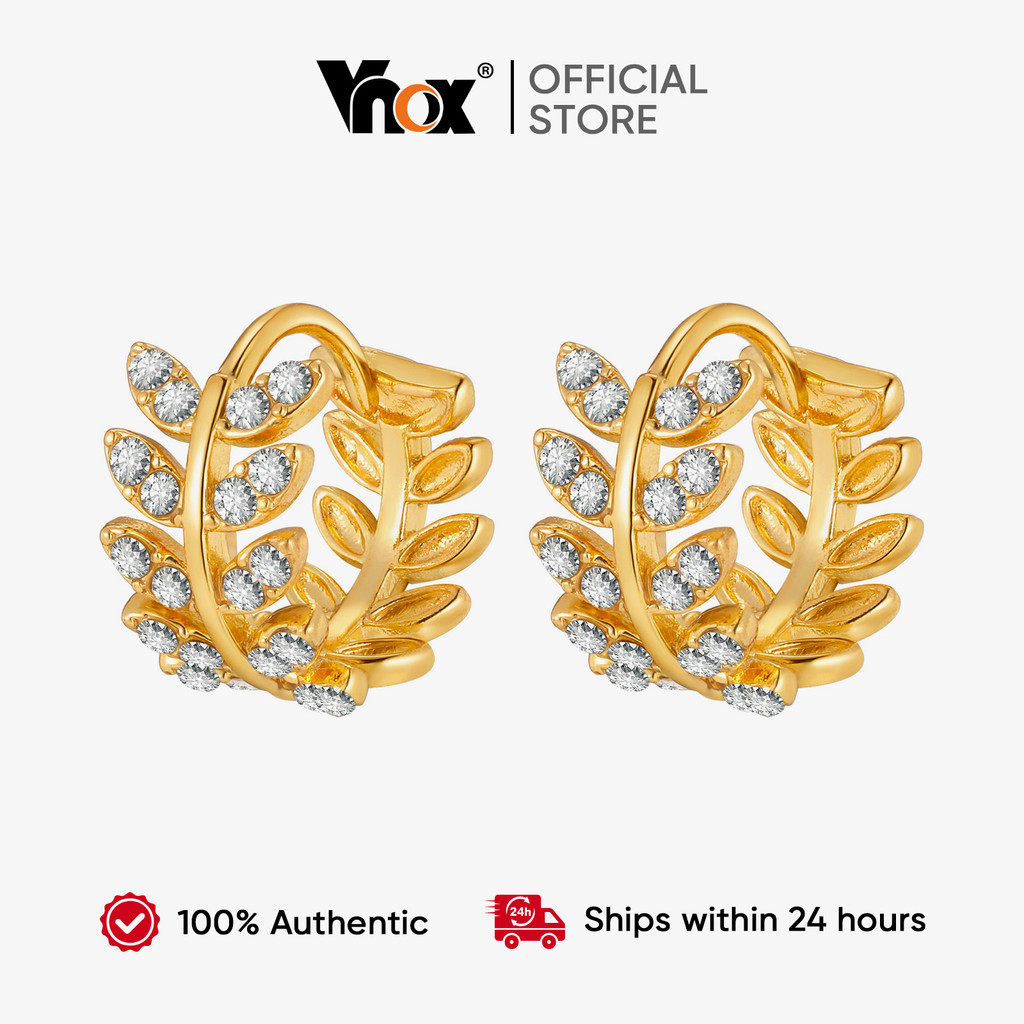 Brincos Argola Zirc?nia C?bica Banhados a Ouro Vnox 1 Brincos De Argola Com Folhas Brilhantes Cúbicas De Zircônia Vnox , Joias Femininas Hipoalergênicas Banhadas A Ouro Delic