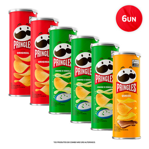 Combo Pringles: 3 Sabores - Original, Cebola, Creme 1 Combo Pringles Creme e Cebola 3 unid + Pringles Original 2 unid + Pringles Queijo 1 unid