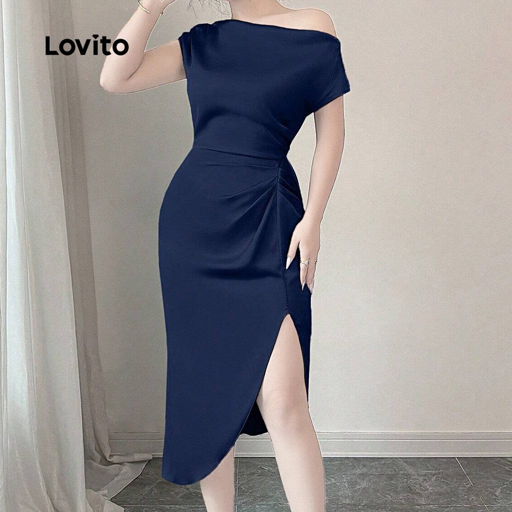 Vestido Elegante Fenda Assim?trica Azul Marinho 1 Vestido Elegante Fenda Assimétrica Azul Marinho