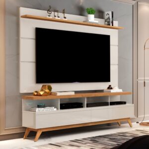 Rack com Painel para TV até 60 Polegadas Pés em Madeira Maciça Vivare Off White/Nature