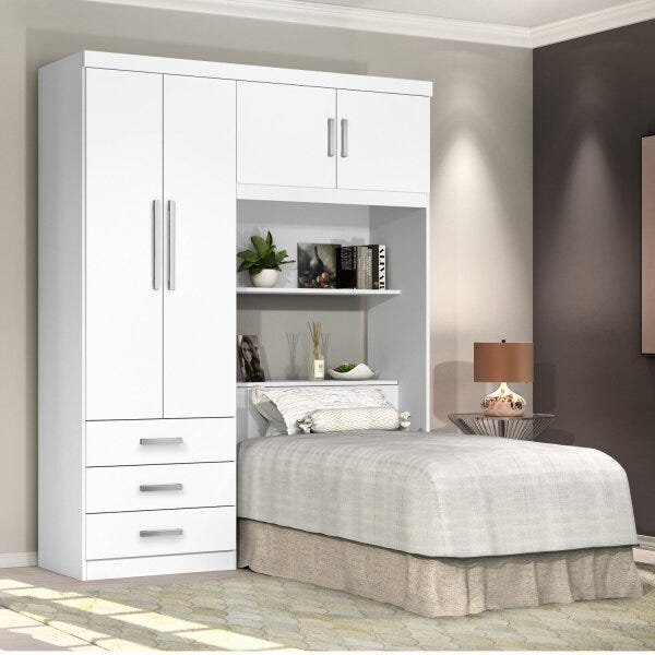 Guarda-Roupa Solteiro com Cabeceira 4 Portas Cancun 1 Guarda-Roupa Solteiro com Cabeceira 4 Portas Cancun Branco