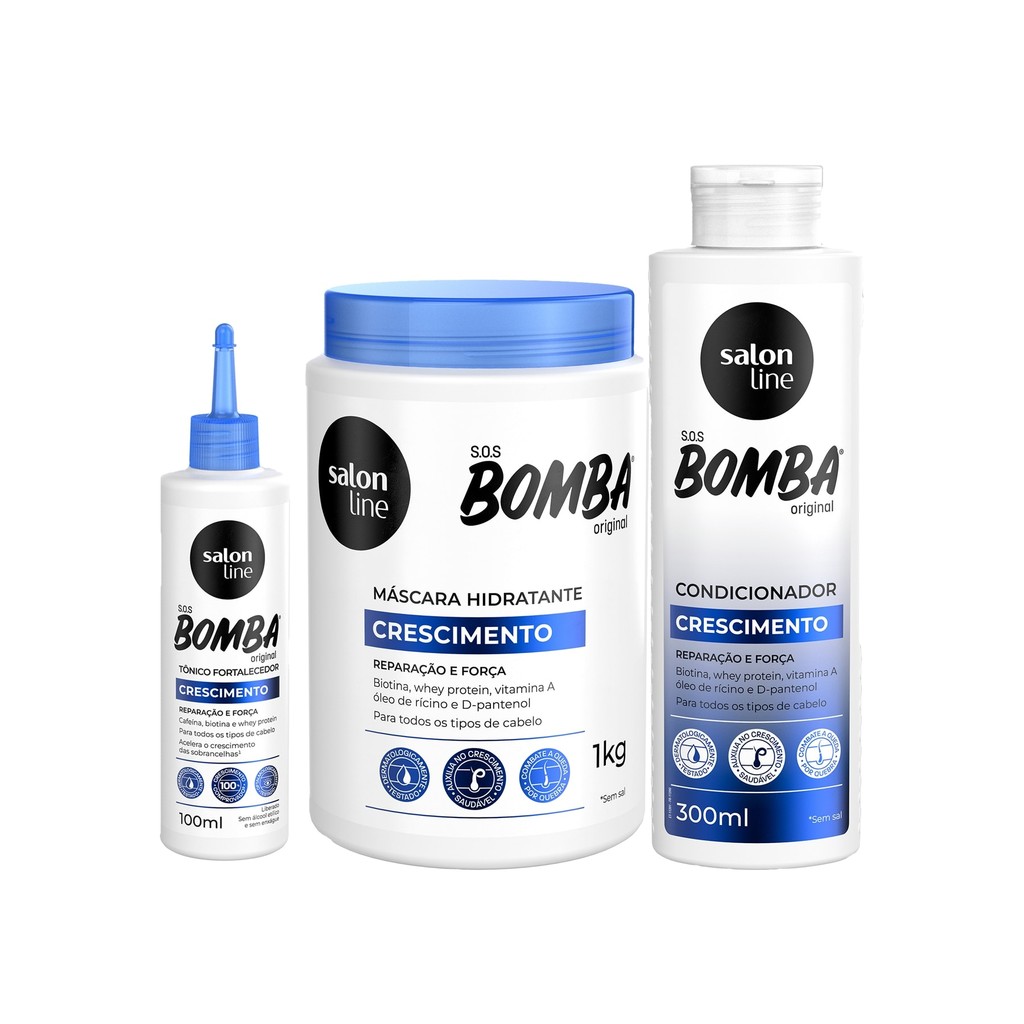 Kit Salon Line S.O.S Bomba - Crescimento e Fortalecimento 1 Kit com Tônico Fortalecedor Crescimento Acelerado + Condicionador + Máscara de Hidratação SOS Bomba Salon Line