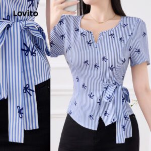Blusa Casual Listrada com Laço Frontal