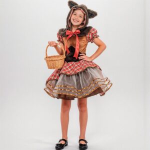 Fantasia Infantil Feminina de Lobinha Lobo de Luxo com Vestido Xadrez Rodado e Capuz com Pelinhos