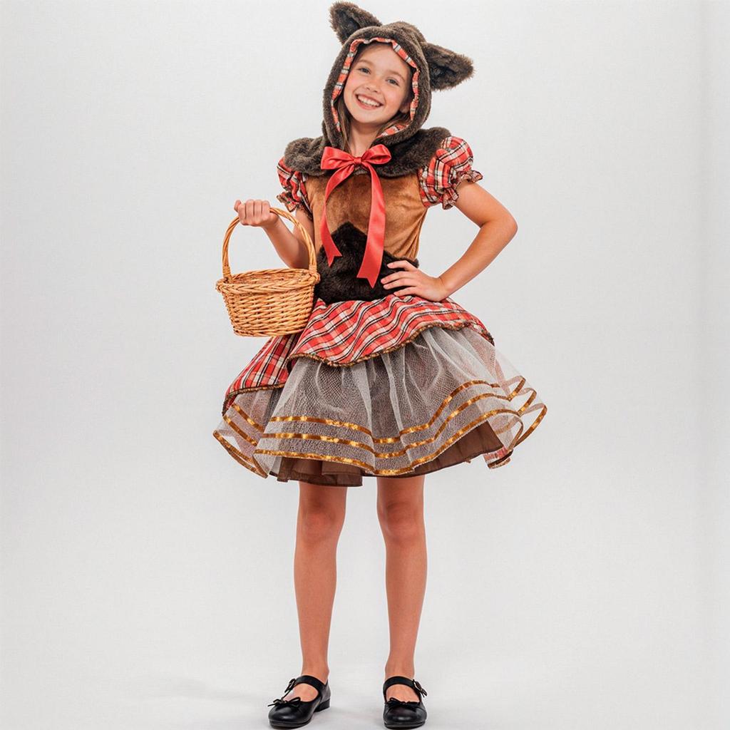 Fantasia Lobinha Infantil Luxo - Halloween 1 Fantasia Infantil Feminina de Lobinha Lobo de Luxo com Vestido Xadrez Rodado e Capuz com Pelinhos