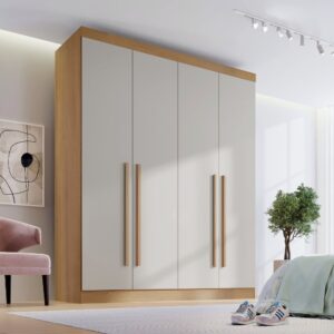 Guarda Roupa Solteiro MDF 4 Portas 3 Gavetas Paris Plus Cinamomo/Off White