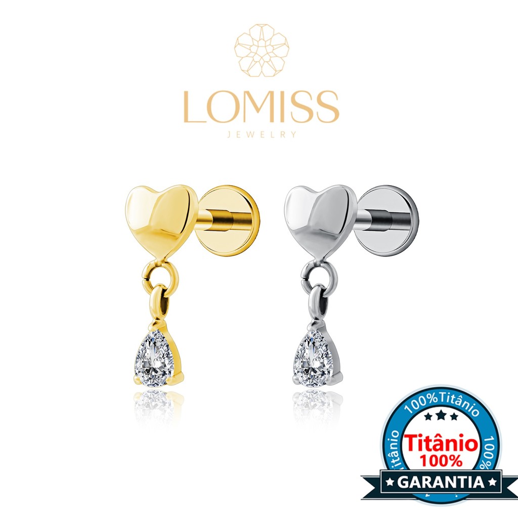 Piercing Labret Tit?nio Cora??o Zirc?nia - Ideal para Helix 1 Piercing Labret Orelha Titânio Pvd Coração Pingente Gota Zircônia Cravejado Para Tragus Conch Helix Daith Labret Lateral