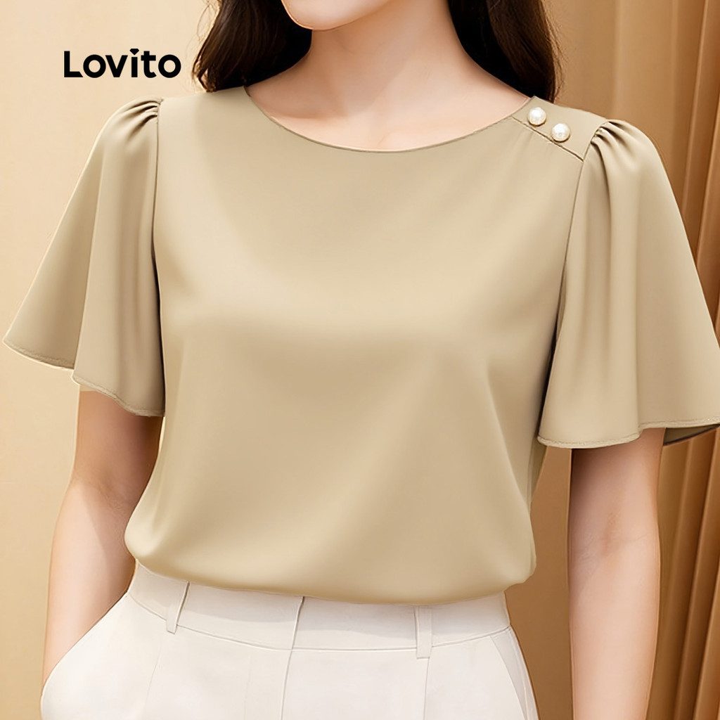 Blusa de Bot?o Casual C?qui Feminina 1 Blusa de Botão Casual Cáqui Feminina