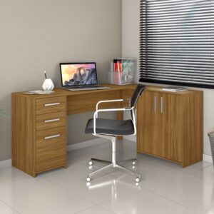Escrivaninha Mesa Escritório em L 2 Gavetas 3 Portas Office Nt 2005 157cm Freijó