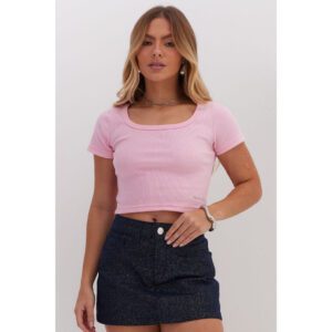Camiseta Cropped Canelada Feminina Rosa