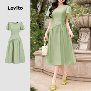 Vestido Plissado Casual Primavera/Verão Verde