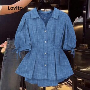 Blusa Plissada Botão Azul Feminina Casual