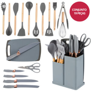 Kit Utensílios de Cozinha Silicone 19 Peças Cinza Thika