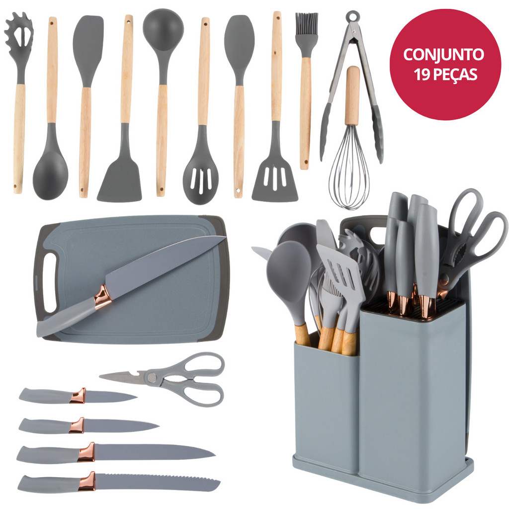 Kit Utens?lios Cozinha Silicone 19 Pe?as Cinza Thika 1 Kit Utensílios de Cozinha Silicone 19 Peças Cinza Thika