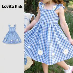 Lovito Kids Vestido Azul Primavera/verão com Babados Franzidos e Apliques para Menina L174LD145
