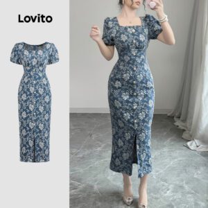 Vestido Casual Floral Azul Pérolas