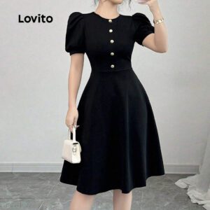 Vestido curto gola redonda manga bufante