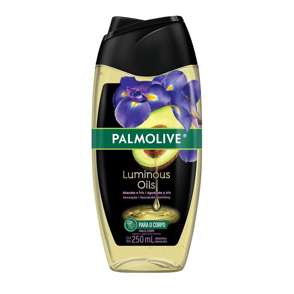 Palmolive Luminous Oils 250ml 1 Frasco de condicionador Palmolive Luminous Oils de 250ml, com rótulo dourado e detalhes de flores de camélia e folhas verdes, sobre um fundo branco. A embalagem é ergonômica, com a tampa na parte inferior, indicando um design prático para uso no banho.