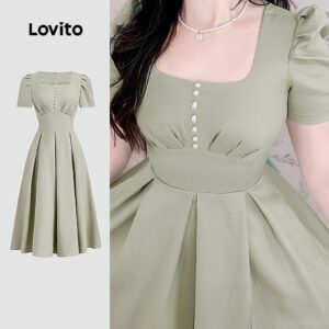 Vestido Casual Verde com Pregas e Botões