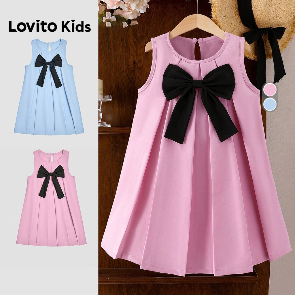 Vestido Fofo Infantil Lovito La?o Plissado Rosa 1 Lovito Kids Vestido Fofo com Laço Plissado Primavera/verão Rosa para menina L160LD210