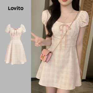 Vestido Casual Plaid com Renda e Zíper