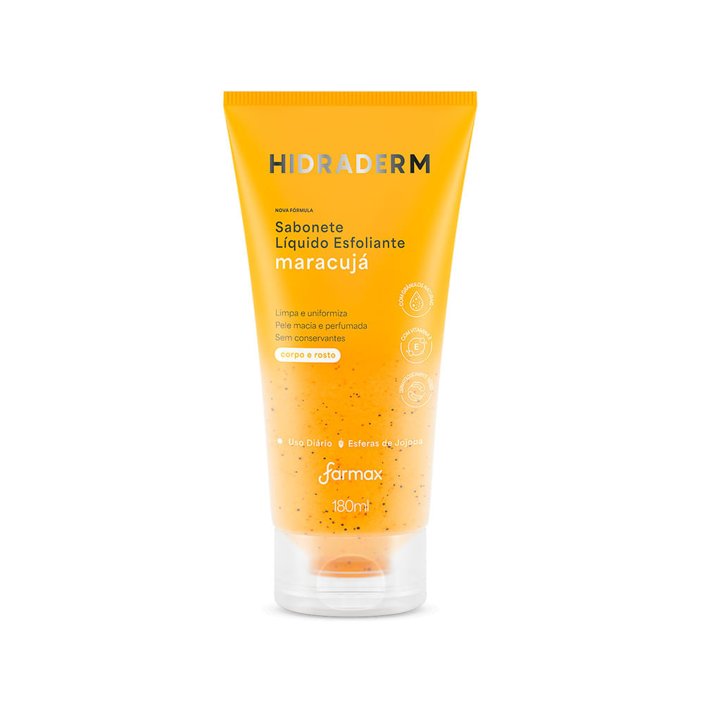 Sabonete Hidraderm Maracujá Esfoliante 180ml 1 Sabonete Hidraderm Maracujá Esfoliante 180ml em embalagem transparente com tampa flip-top, exibindo a cor vibrante do produto e micropartículas esfoliantes, com sementes de maracujá ao fundo, sobre um pano claro.