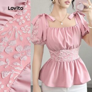 Blusa Elegante Jacquard Laço Rosa Primavera/Verão