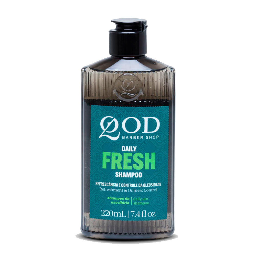 Shampoo QOD Daily Fresh 220ml - Cabelo Oleoso 1 Frasco de Shampoo QOD Daily Fresh 220ml para Cabelo Oleoso, branco e verde claro, com a marca QOD em destaque e o rótulo indicando 'Daily Fresh' e 'Cabelo Oleoso', posicionado em um fundo neutro.