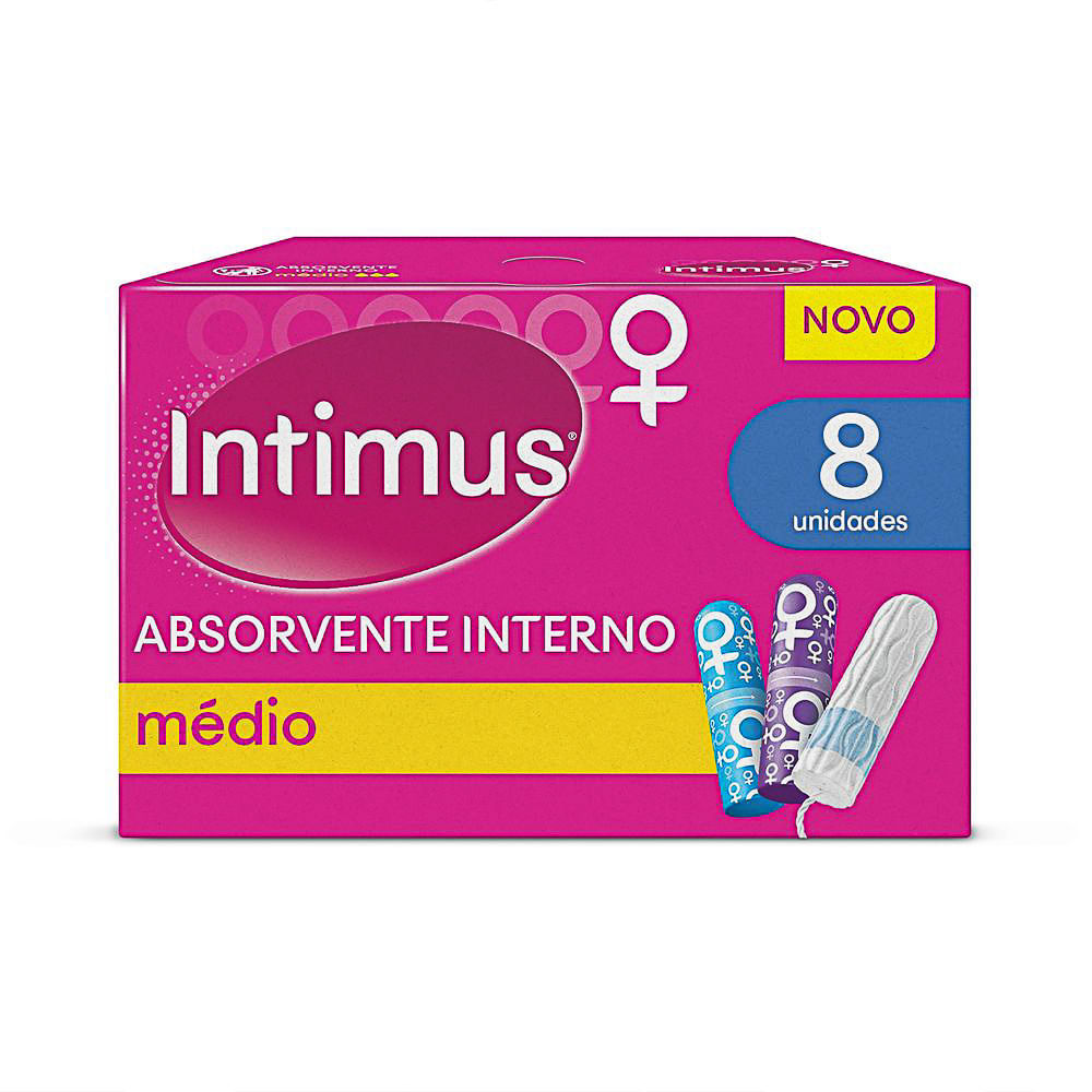 Absorvente Intimus Discreto Médio 8 Unidades em sua embalagem original, destacando a cor rosa e o design fino do absorvente, com foco na tecnologia de absorção e formato anatômico para discrição e conforto. A embalagem possui informações claras sobre o fluxo médio e a quantidade de 8 unidades, posicionada sobre uma superfície neutra.