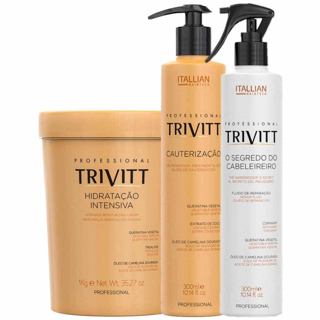 Kit Cauteriza??o + Hidrata??o + Reconstrutor 1 Kit Trivitt Cauterização 300Ml + Máscara Hidratação Intensiva 1Kg + Segredo