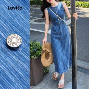 Vestido Elegante Listrado Azul Primavera/Verão