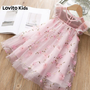 Lovito Kids Vestido Elegante Jacquard Contraste Malha Primavera/verão Rosa para Menina. LNL132234