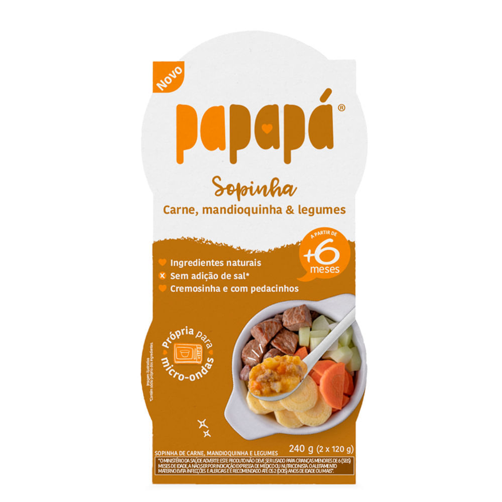 Sopinha Papapà Carne, Mandioquinha e Legumes - 6 Meses (240g) 1 Embalagem da Sopinha Papapà Carne, Mandioquinha e Legumes de 240g, com destaque para a imagem de um bebê sorrindo e os ingredientes naturais, ideal para a introdução alimentar a partir de 6 meses.